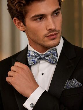 Blue Silver Paisley Bow Tie Pocket Square Cufflinks 4pc Set Wedding Prom Tuxedo